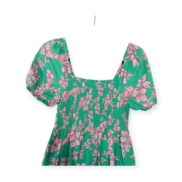 J.Crew Floral Puff Sleeve Smocked Cotton Midi Dress SZ S Green Boho Cottage Core - Picture 3 of 9